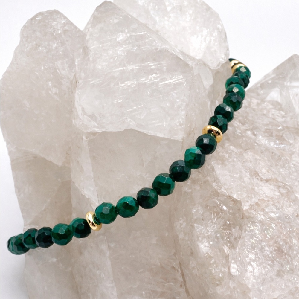 Malachite Stretch Bracelet Handmade Gold Tone Accents